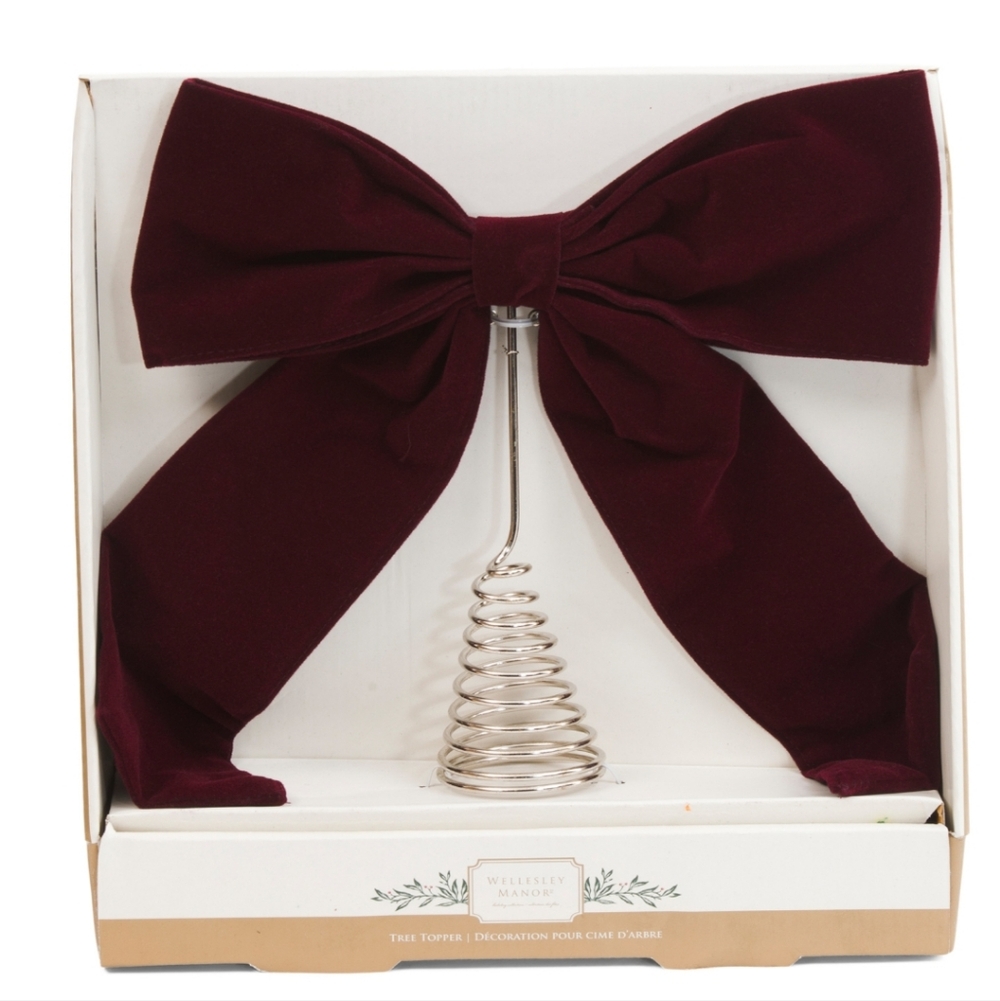 Burgundy Velvet Bow Christmas Tree Topper Wellesley Manor Santa  NEW